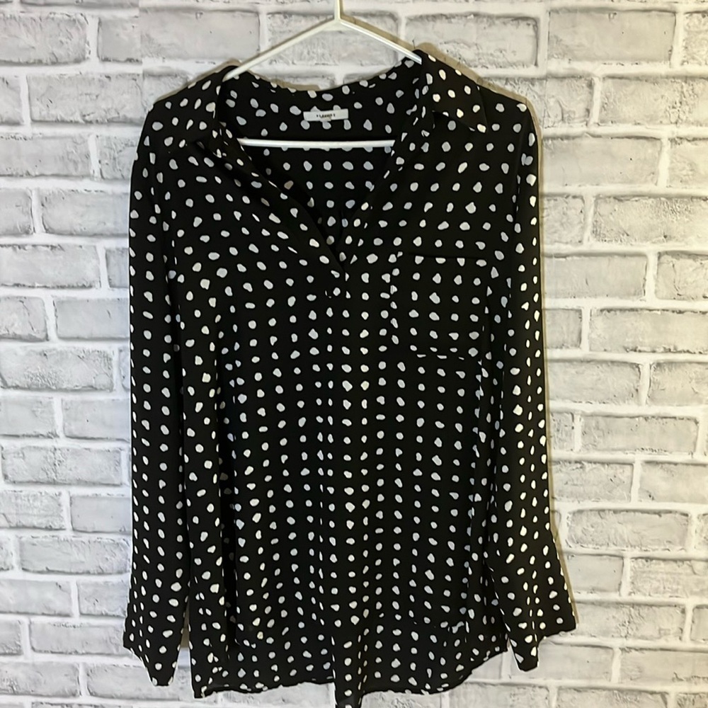 Pleione Long Sleeve Polka Dots Blouse Black White Size L Large, v-neck